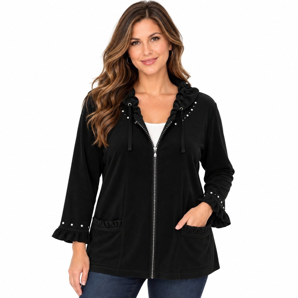 Quacker Factory Black Ruffle Rhinestone Zip Front Cardigan Sweater 2X A226221